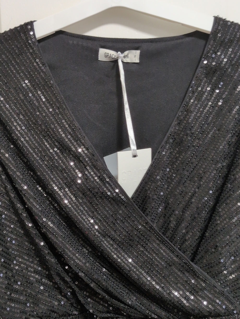 Black Sequin Wrap Top - Picture 3 of 9